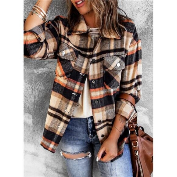 Women Fall Long Sleeve Top Button Down Casual Plaid Flannel Checkered Shirts - Picture 2 of 6